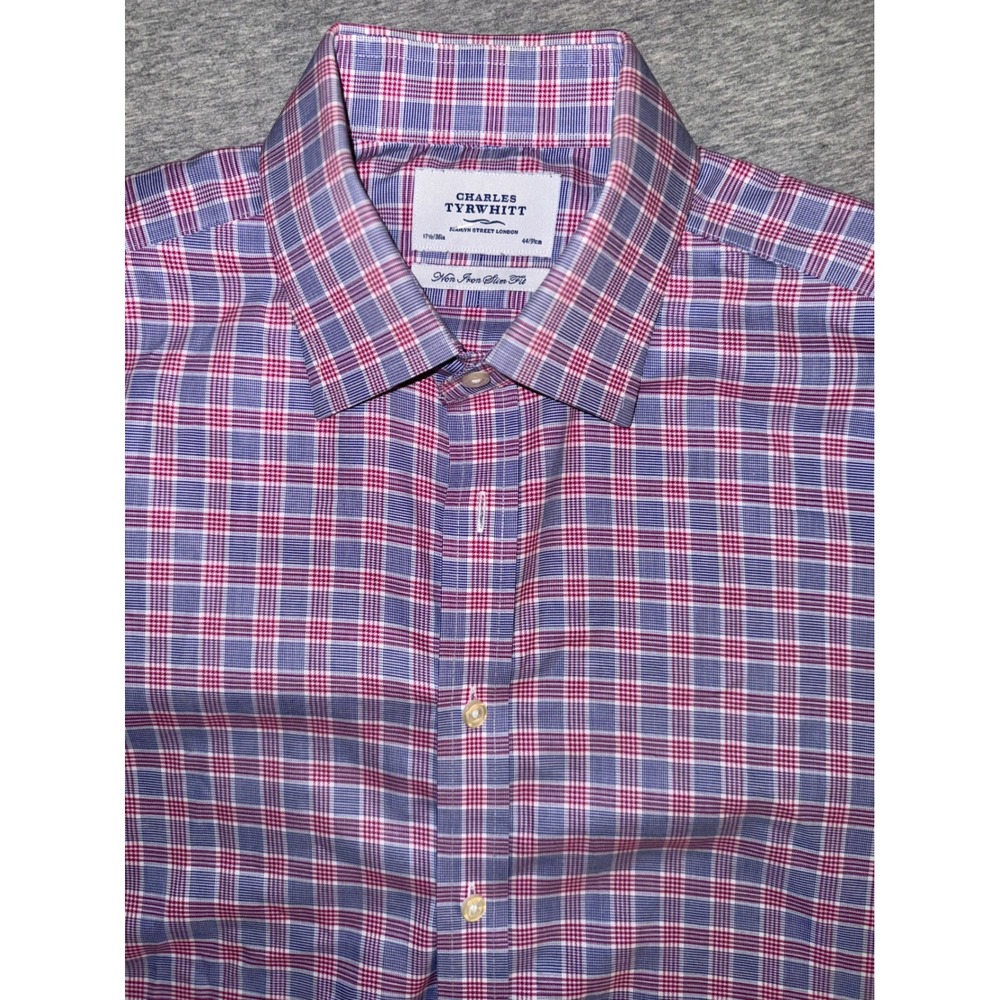Charles Tyrwhitt Men Blue Red Plaid Slim Fit Shirt Size 17.5 36 Non-Iron Preppy